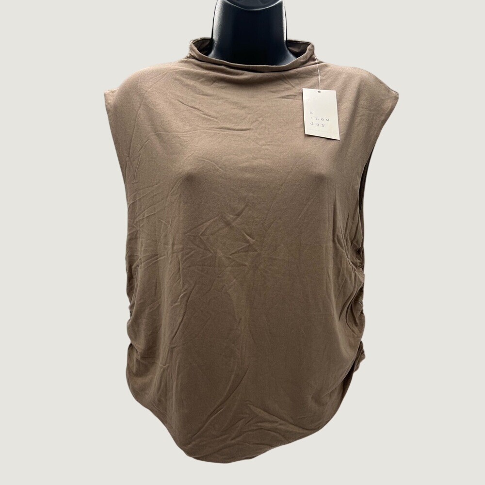 A New Day Women Brown Mock Neck Sleeveless Ruched Side Padded Shoulder Top L NEW